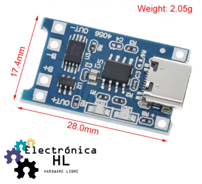 MODULO CARGADOR DE BATERIA TIPO C TP4056 LIPO, 18650