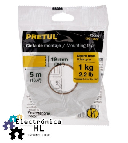 CINTA DOBLE CARA 5M, 19MM PRETUL